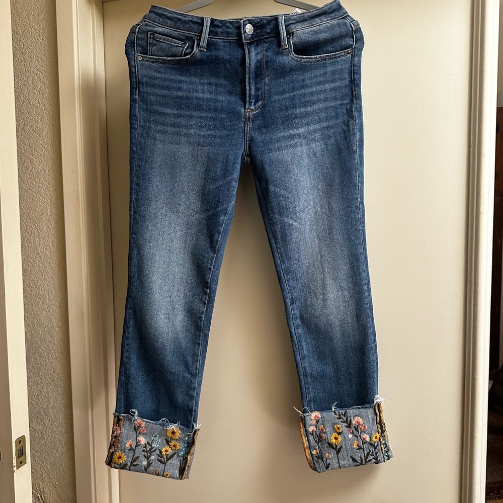 Driftwood Colette Floral Embroidered Cuffed Cropped Jeans Size 25